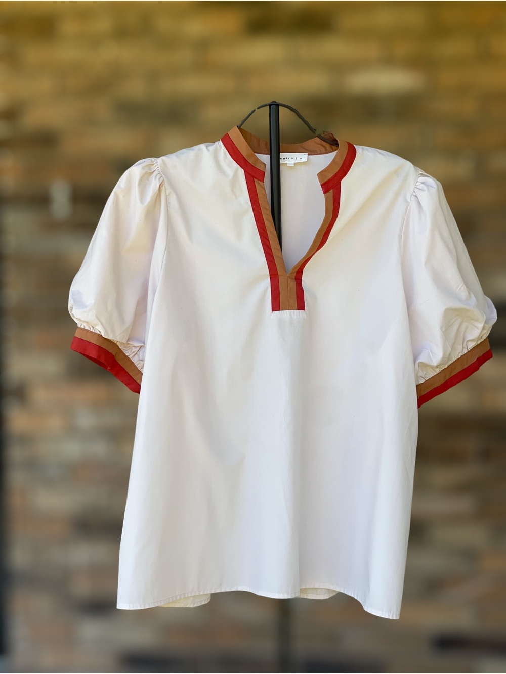 Entro 1X White Puff Sleeve Blouse Rust Mustard Contrast Trim